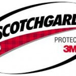 The Scotchgard 3M Protector logo with black writting, white background and red tarten paterned underline