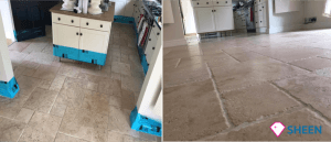 A before and after picture of a dirty Travertine floor in a kitchen and the after shot once the Travertine floor cleaning process has been finished